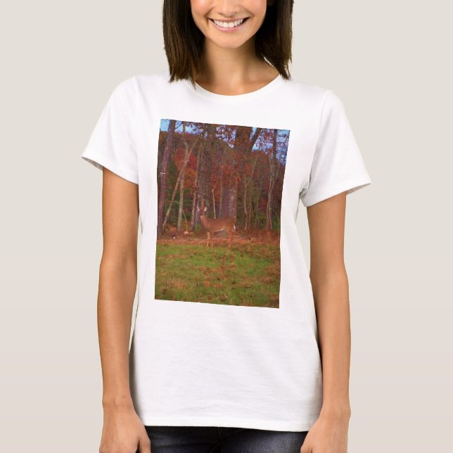 Deer , Green Grass red and Gold leaves T-Shirt (Front)