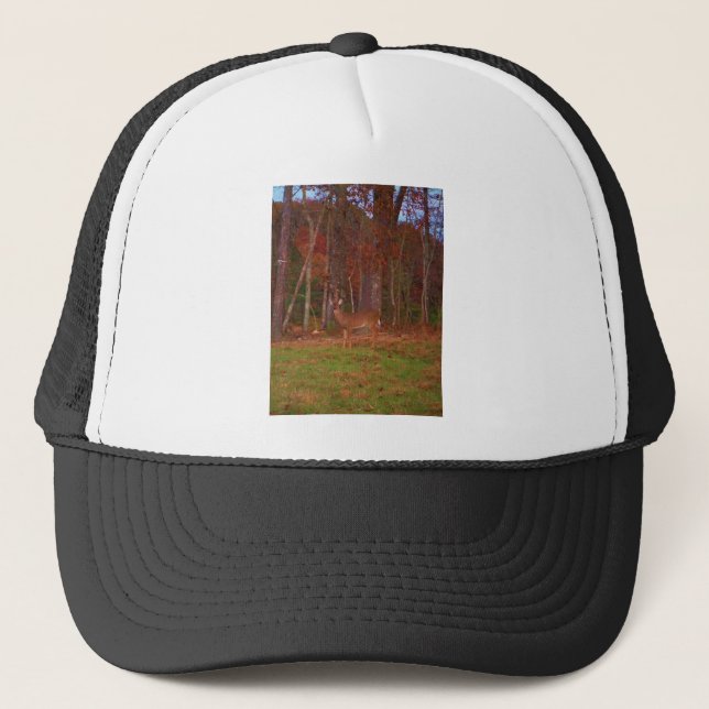 Deer , Green Grass red and Gold leaves Trucker Hat (Front)