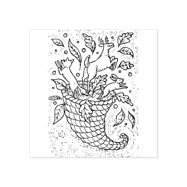 DEER HARE FOX FOREST WILDLIFE, NATURE'S CORNUCOPIA RUBBER STAMP (Imprint)