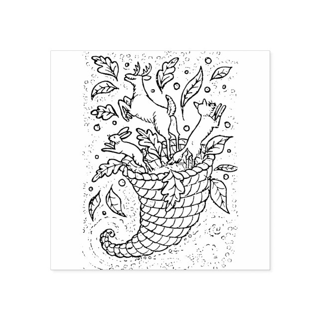 DEER HARE FOX FOREST WILDLIFE, NATURE'S CORNUCOPIA RUBBER STAMP (Imprint)