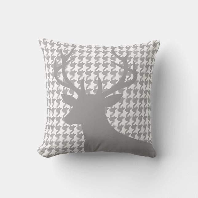 Deer Head Houndstooth | grey white Throw Pillow (Front)