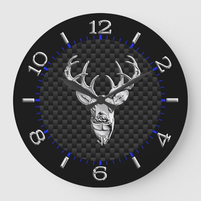 Deer Head on Carbon Fiber Style Print Large Clock (Front)