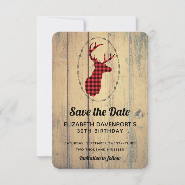 Deer head - Red Plaid Rustic Save the Date (Front)