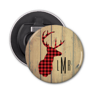 Deer Head - Rustic Red Plaid Monogram Bottle Opener
