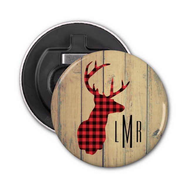 Deer Head - Rustic Red Plaid Monogram Bottle Opener (Front)