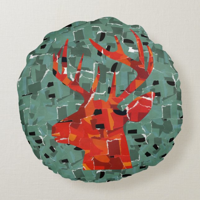 Deer head silhouette mosaic round pillow (Back)