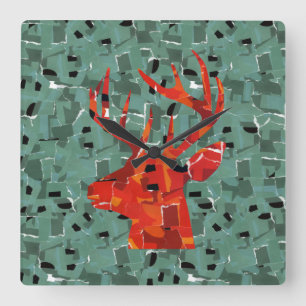 Deer head silhouette mosaic square wall clock