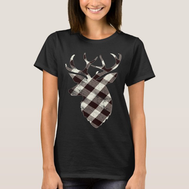 Deer Head Silhouette  White Buffalo Plaid Christma T-Shirt (Front)
