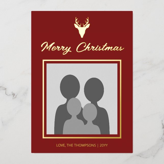 Deer Head Silhouette With Custom Photo On Red Foil Holiday Card (Front)