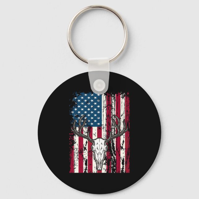 Deer Head Skull Hunting American Flag Keychain (Front)