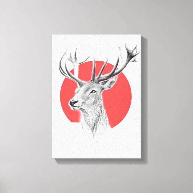 Deer head Stag drawing Red circle Animal art Canvas Print (Front)