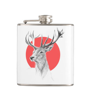 Deer head Stag drawing Red circle Animal art Hip Flask
