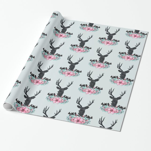 Deer Head w/ Flowers & Mountains Blue Grey back Wrapping Paper (Unrolled)