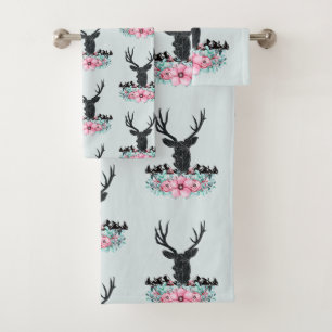 Deer Head w/ Flowers & Mountains Pattern Bath Towel Set