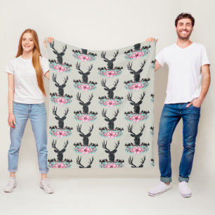 Deer Head w/ Pink Flowers & Mountains Pattern Fleece Blanket