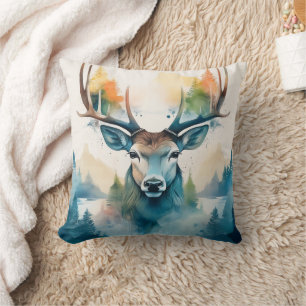 Deer head with antlers and forest trees throw pillow