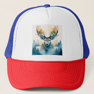 Deer head with antlers and forest trees trucker hat