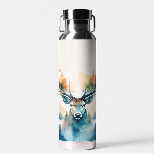Deer head with antlers and forest trees water bottle (Front)