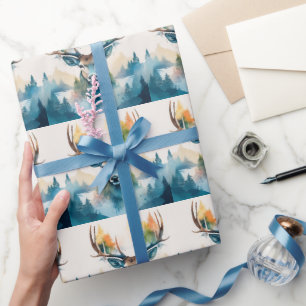 Deer head with antlers and forest trees wrapping paper