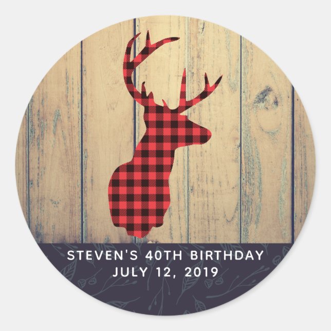 Deer Head with Antlers on Faux Wood Birthday Classic Round Sticker (Front)