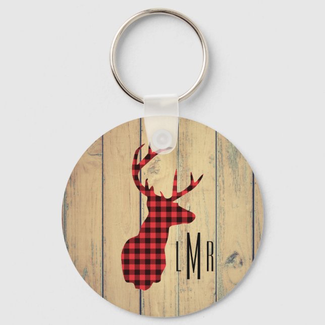 Deer Head with Antlers on Faux Wood Keychain (Front)