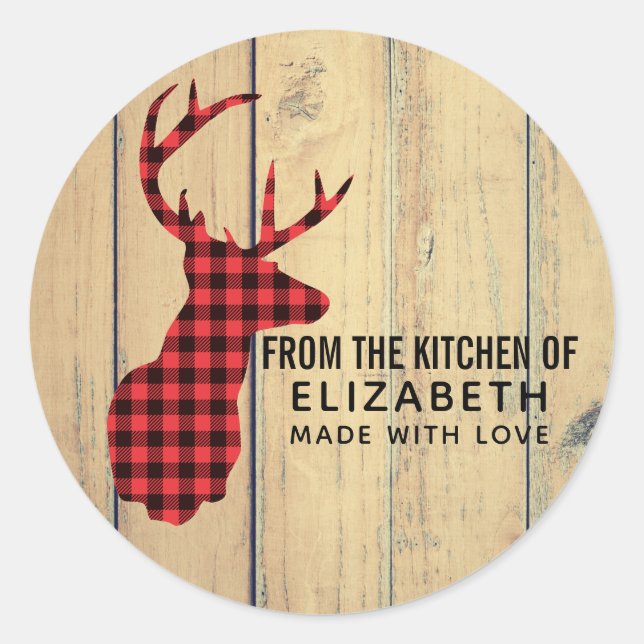 Deer Head with Antlers on Faux Wood Kitchen Classic Round Sticker (Front)