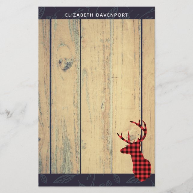 Deer Head with Antlers on Faux Wood Stationery (Front)