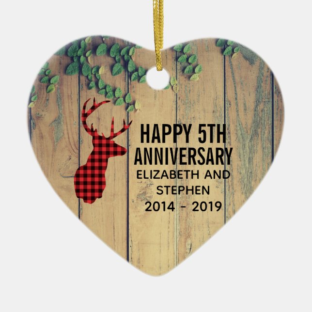 Deer Head with Antlers  on Wood Planks with Leaves Ceramic Ornament (Front)