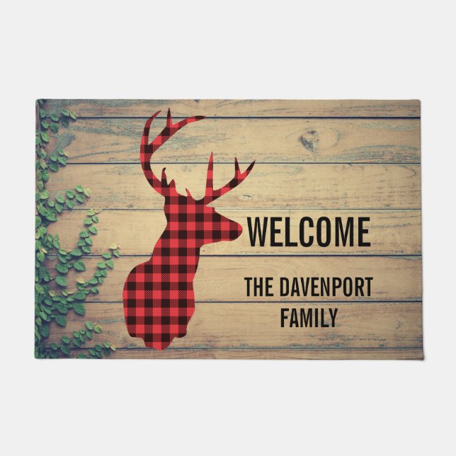 Deer Head with Antlers on Wood Planks with Leaves Doormat (Front)