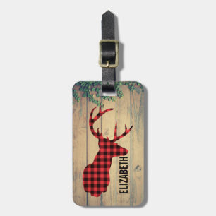 Deer Head with Antlers on Wood Planks with Leaves Luggage Tag
