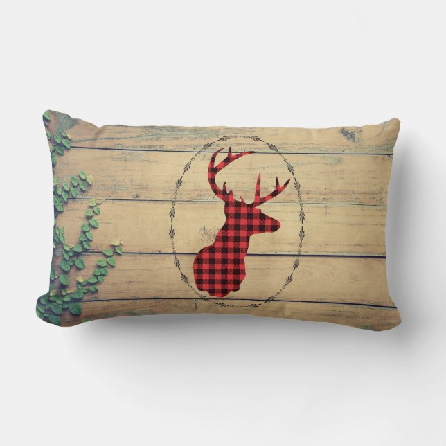 Deer head with Antlers  on Wood Planks with Leaves Lumbar Pillow (Front)