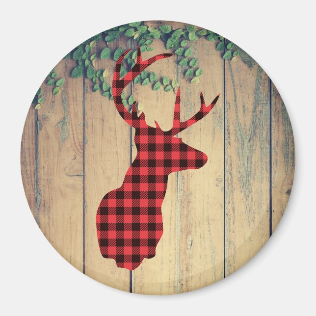 Deer Head with Antlers on Wood Planks with Leaves Magnet (Front)
