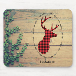 Deer Head with Antlers on Wood Planks with Leaves Mouse Pad