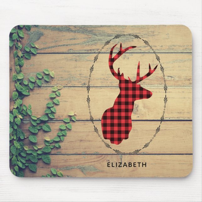 Deer Head with Antlers  on Wood Planks with Leaves Mouse Pad (Front)
