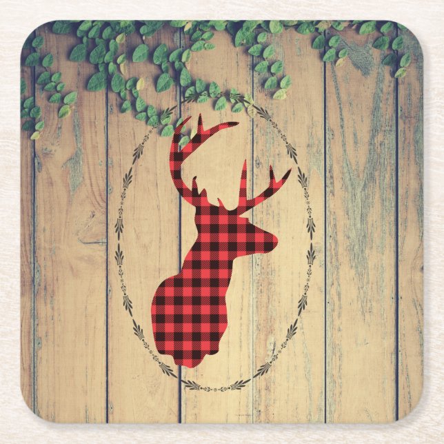 Deer Head with Antlers on Wood Planks with Leaves Square Paper Coaster (Front)
