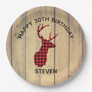 Deer head with Antlers - Red Plaid Rustic Birthday Paper Plate