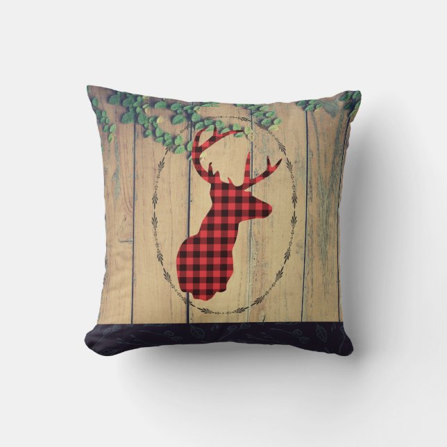 Deer head with Antlers - Red Plaid Rustic Throw Pillow (Front)