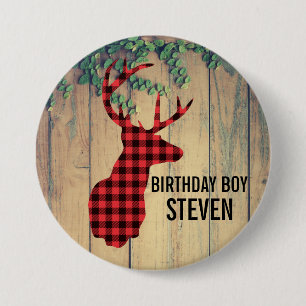Deer Head with Antlers - Rustic Red Plaid 3 Inch Round Button