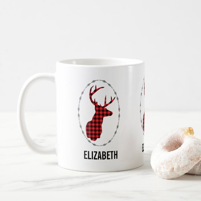 Deer Head with Antlers - Rustic Red Plaid Coffee Mug (With Donut)