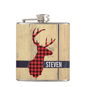 Deer Head with Antlers - Rustic Red Plaid Hip Flask