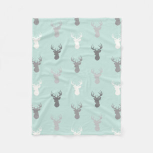 Deer Heads in Mint and Grey Fleece Blanket
