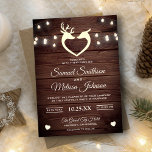 Deer Heart String Lights Rustic Wood Wedding Invitation<br><div class="desc">Amaze your guests with this rustic wedding invitation featuring a cute deer couple and beautiful string light bulbs with modern typography against a barn wood background. Simply add your event details on this easy-to-use template to make it a one-of-a-kind invitation.</div>