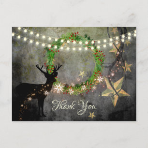 Deer, Holiday Wreath, Lights and Stars Thank You Postcard