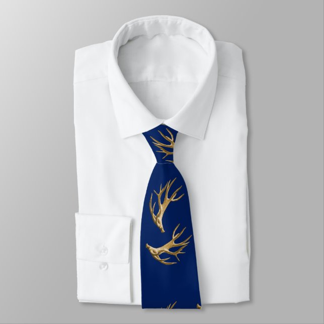 Deer Hunter Antlers Navy Blue Tie (Tied)