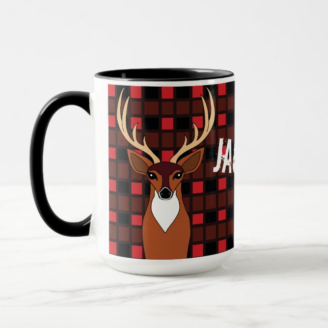Deer Hunter Antlers Plaid Personalized Mug (Left)