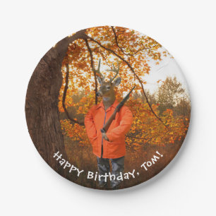 Deer Hunter in woods with gun birthday Paper Plate