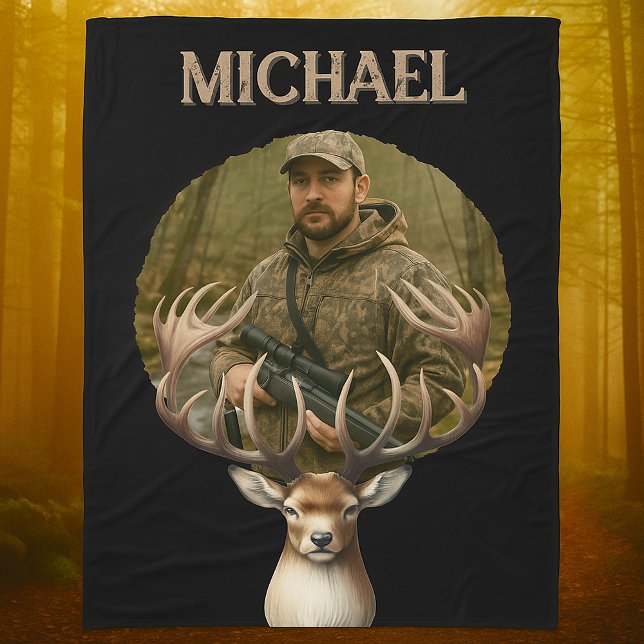 Deer Hunter Personalized Photo Camouflage Name Fleece Blanket (Creator Uploaded)