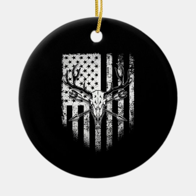 Deer Hunters Deer Skull on American Flag Ceramic Ornament (Front)