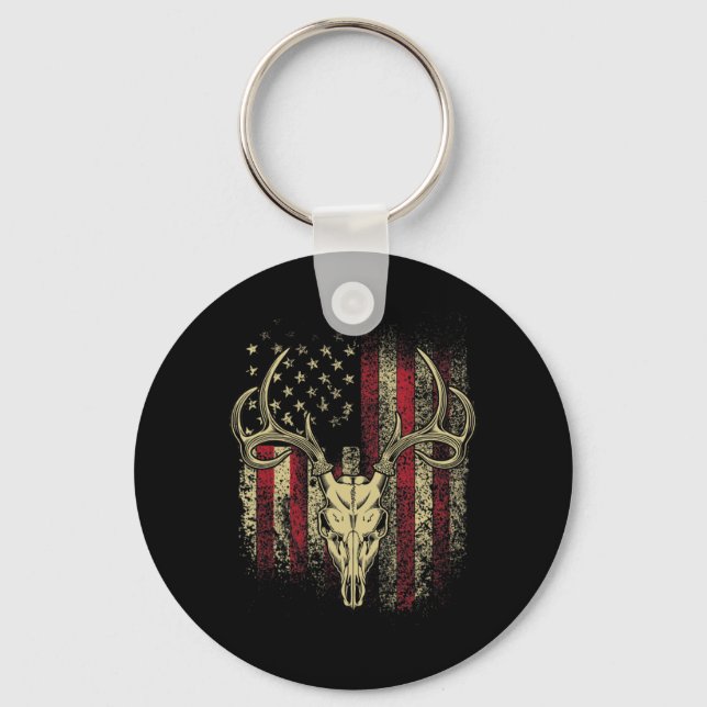 Deer Hunters Deer Skull on American Flag  Keychain (Front)