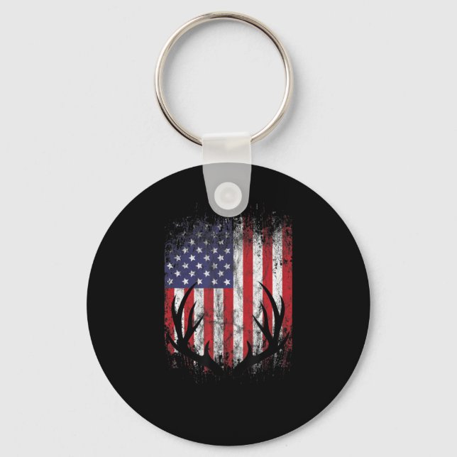 Deer Hunting American Flag Whitetail Buck Antlers  Keychain (Front)